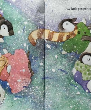 Alternative view of Five little penguins slipping on the ice